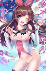 Rule 34 | 1girl, ;o, artist name, bare shoulders, black ribbon, blue eyes, blue sky, blurry, blush, bottomless, breasts, breasts out, brown hair, cherry blossoms, cowboy shot, day, depth of field, detached collar, detached sleeves, groin, hair ribbon, heart, heart-shaped pupils, heart of string, highres, kizuna ai, kizuna ai inc., long hair, long sleeves, looking at viewer, medium breasts, multicolored hair, navel, neck ribbon, nipples, one eye closed, open mouth, outdoors, pink hair, pink ribbon, ribbon, round teeth, sky, sleeves past wrists, solo, squchan, standing, stomach, symbol-shaped pupils, teeth, thighs, two-tone hair, virtual youtuber, water drop