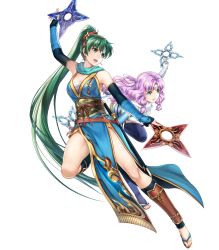 Rule 34 | 2girls, bare shoulders, breasts, circlet, cleavage, dual wielding, earrings, elbow gloves, feet, female focus, fingerless gloves, fire emblem, fire emblem: the blazing blade, fire emblem heroes, florina (fire emblem), full body, gloves, green eyes, green hair, hair ornament, highres, holding, holding weapon, japanese clothes, jewelry, leg up, long hair, looking away, lyn (fire emblem), matching hair/eyes, medium breasts, multiple girls, ninja, nintendo, official art, open mouth, pelvic curtain, ponytail, purple hair, sandals, sheath, sheathed, shuriken, sleeveless, smile, sword, thighs, toes, transparent background, very long hair, weapon, yamada koutarou