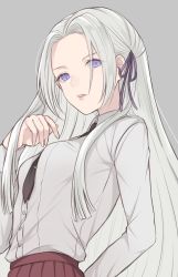 Rule 34 | 1girl, alternate costume, black necktie, breasts, commentary request, contemporary, edelgard von hresvelg, fire emblem, fire emblem: three houses, forehead, grey background, hair ribbon, highres, long hair, long sleeves, looking at viewer, necktie, nintendo, parted lips, pleated skirt, purple eyes, purple ribbon, purple skirt, ribbon, shimizu akina, shirt, silver hair, simple background, skirt, small breasts, solo, upper body, very long hair, white shirt