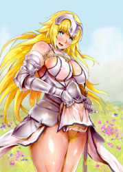 Rule 34 | 1girl, bare shoulders, blonde hair, blue eyes, blush, breasts, cleavage, clothes lift, covered erect nipples, fate/apocrypha, fate/grand order, fate (series), female pubic hair, highres, jeanne d&#039;arc (fate), jeanne d&#039;arc (ruler) (fate), jeanne d&#039;arc (third ascension) (fate), large breasts, long hair, looking down, medium breasts, mozu-k, nipples, pubic hair, see-through, sheath, sheathed, skirt, skirt lift, smile, solo, sword, thighs, weapon
