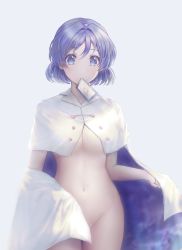 Rule 34 | 1girl, blue eyes, blue hair, breasts, cape, capelet, card, cleavage, cowboy shot, grey background, groin, hair between eyes, hair intakes, highres, large breasts, light blush, looking at viewer, mouth hold, navel, short hair, simple background, solo, tabiji (tabiji s), tenkyuu chimata, touhou, underboob, white cape, white capelet