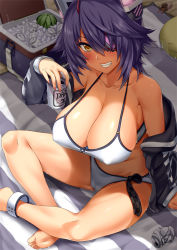 Rule 34 | 1girl, alcohol, anklet, arm support, bare shoulders, barefoot, beach towel, beer, beer can, bikini, blanket, blush, bottle, breasts, cameltoe, can, cleavage, collarbone, condensation, cooler, covered erect nipples, crossed legs, crushed can, darkmaya, day, drink can, eyepatch, feet, food, from above, fruit, graboid, grin, halterneck, hand up, headgear, holding, holding can, huge breasts, ice, jewelry, kantai collection, long sleeves, looking at viewer, melon, nail polish, off-shoulder, off-shoulder sweater, off shoulder, outdoors, patreon logo, purple hair, red nails, sand, shade, short hair, sitting, smile, soda can, solo, sweat, sweater, swimsuit, tenryuu (kancolle), towel, tremors, watermelon, white bikini, yellow eyes