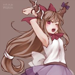 Rule 34 | 1girl, armpits, arms behind head, arms up, artist name, bow, bowtie, dated, hair bow, horn bow, horn ornament, horns, ibuki suika, kagikake, light brown background, light brown hair, long hair, looking at viewer, low-tied long hair, one eye closed, oni, open mouth, purple bow, purple skirt, red bow, red bowtie, red eyes, shirt, simple background, skirt, sleeveless, sleeveless shirt, solo, stretching, touhou, twitter username, upper body, white shirt, yawning