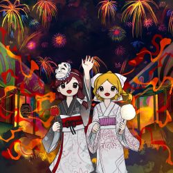 Rule 34 | 2girls, :d, aerial fireworks, album cover, arm up, blonde hair, bow, brown eyes, brown hair, candy apple, commentary request, cotton candy, cover, feet out of frame, festival, fireworks, floral print, food, gradient kimono, grey kimono, hair bow, highres, holding, holding food, japanese clothes, kimono, lantern, leaf print, long hair, long sleeves, looking at viewer, maribel hearn, market stall, mask, mask on head, multiple girls, neruzou, night, obi, obiage, obijime, open mouth, outdoors, paper lantern, print kimono, purple sash, red sash, sash, short hair, smile, standing, summer festival, touhou, usami renko, waving, white kimono, wide sleeves, yukata, zun (style)