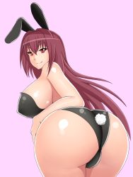Rule 34 | 1girl, animal ears, artist request, ass, bare shoulders, blush, breasts, cameltoe, fake animal ears, fate/grand order, fate (series), from behind, highres, huge ass, huge breasts, leaning, leaning forward, leotard, long hair, looking at viewer, playboy bunny, purple hair, rabbit ears, rabbit tail, red eyes, scathach (fate), shiny clothes, shiny skin, sideboob, smile, solo, tail, very long hair