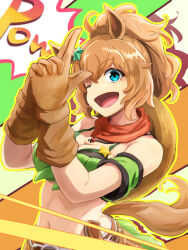 Rule 34 | 1girl, ;d, animal ears, bandana, bandeau, bare shoulders, blue eyes, breasts, brown gloves, brown hair, cleavage, commentary request, crop top, detached sleeves, finger gun, gloves, hair ornament, highres, horse ears, itsudzumi, large breasts, looking at viewer, midriff, navel, one eye closed, open mouth, own hands together, short hair, smile, solo, star (symbol), star hair ornament, stomach, taiki shuttle (umamusume), tail, umamusume, upper body