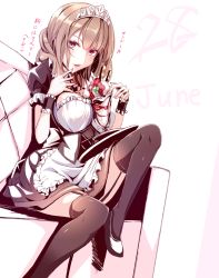 Rule 34 | 1girl, between breasts, black thighhighs, breasts, brown eyes, brown hair, commentary request, dated, food, garter straps, haruka natsuki, ice cream, june, looking at viewer, maid, maid headdress, original, sitting, solo, sundae, thighhighs, wafer stick, wrist cuffs