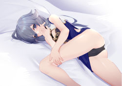 Rule 34 | 1girl, absurdres, bad id, bad pixiv id, bed, bed sheet, black hair, black panties, blue dress, blue eyes, china dress, chinese clothes, closed mouth, covering own mouth, dress, fu hua, fu hua (valkyrie accipiter), hair between eyes, highres, honkai (series), honkai impact 3rd, long hair, looking at viewer, lying, on side, panties, sleeveless, sleeveless dress, solo, thighs, underwear, wucanming