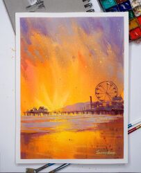 commentary english_commentary ferris_wheel gouache_(medium) highres no_humans ocean orange_sky orange_theme original paintbrush painting_(medium) palette_(object) purple_sky scenery signature sky sunset tommykimart traditional_media watercolor_(medium)