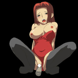 Rule 34 | 1girl, arms behind back, blush, breasts, brown eyes, censored, code geass, feet, female focus, full body, kouzuki kallen, large breasts, leotard, long hair, lowres, nipples, open mouth, playboy bunny, red hair, rurubu0099, sex toy, simple background, sitting, solo, thighhighs, vaginal, vibrator