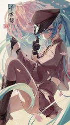 Rule 34 | 1girl, 200f (nifu), absurdres, aqua eyes, aqua hair, facial tattoo, falling petals, gloves, hat, hatsune miku, highres, looking at viewer, military hat, miniskirt, petals, pointing, pointing at viewer, senbon-zakura (vocaloid), skirt, solo, song name, tattoo, thighhighs, twintails, vocaloid, wide sleeves