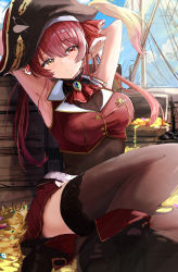 Rule 34 | 1girl, :&lt;, absurdres, amefukura art, ascot, black hat, black thighhighs, blouse, breasts, brooch, cleavage, closed mouth, cloud, commentary request, day, feet out of frame, gold trim, hair ribbon, hat, heterochromia, highres, hololive, houshou marine, jewelry, knees up, leotard, leotard under clothes, long hair, looking at viewer, mast, medium breasts, miniskirt, outdoors, pirate hat, pirate ship, pleated skirt, red ascot, red hair, red ribbon, red shirt, red skirt, ribbon, see-through, see-through cleavage, see-through leotard, shirt, skirt, sky, solo, thighhighs, treasure chest, twintails, virtual youtuber