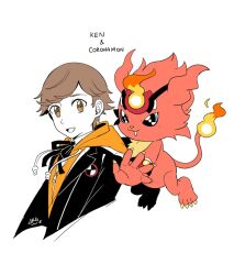 Rule 34 | amada ken, brown eyes, brown hair, coronamon, crossover, digimon, digimon (creature), fire, open mouth, persona, persona 3, simple background, smile, tail, white background