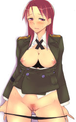Rule 34 | 1girl, blush, bra, bra pull, breasts, breasts out, cleft of venus, clothes pull, earrings, em (totsuzen no hakike), female pubic hair, jewelry, lingerie, medium breasts, military, military uniform, minna-dietlinde wilcke, nipples, panties, panty pull, pubic hair, pussy, red eyes, red hair, simple background, solo, strike witches, sweatdrop, uncensored, underwear, undressing, uniform, world witches series