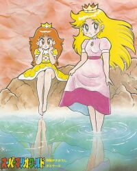 Rule 34 | 1990s (style), 2girls, barefoot, blonde hair, blue eyes, blush, brooch, brown eyes, brown hair, clothes lift, crown, dress, earrings, flower earrings, highres, jewelry, lifting own clothes, long hair, looking at viewer, mario (series), multiple girls, nintendo, non-web source, on rock, open mouth, pink dress, princess daisy, princess peach, retro artstyle, scan, short sleeves, sitting, skirt, skirt lift, smile, wading, water, yellow dress