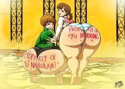 Rule 34 | 2girls, aged up, ass, ass focus, barefoot, bendacriss, bent over, body writing, brown eyes, brown hair, come hither, doujima nanako, from behind, highres, huge ass, leaning, leaning forward, long hair, looking at viewer, looking back, multiple girls, naughty face, panties, persona, persona 4, satonaka chie, shiny skin, short hair, short shorts, shorts, smile, squatting, striped clothes, striped panties, thick thighs, thighs, underwear