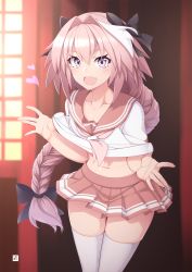 Rule 34 | 1boy, astolfo (fate), astolfo (sailor paladin) (fate), blush, braid, clothes lift, collarbone, commentary request, fang, fate/apocrypha, fate/grand order, fate (series), hair intakes, hair ribbon, heart, highres, indoors, leaning forward, legs together, long hair, looking at viewer, male focus, midriff, mku, multicolored hair, navel, official alternate costume, open mouth, pink hair, pleated skirt, purple eyes, ribbon, school uniform, serafuku, shiny skin, shirt lift, single braid, skin fang, skirt, smile, solo, standing, sunset, thighhighs, trap, two-tone hair, white hair, window