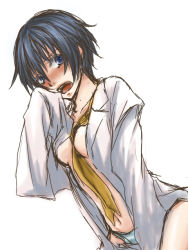 Rule 34 | 1girl, atlus, bad id, bad pixiv id, between breasts, blue eyes, blue hair, blush, breasts, embarrassed, kimito, lab coat, matching hair/eyes, necktie, no bra, open clothes, open shirt, oversized clothes, panties, persona, persona 4, shirogane naoto, shirt, short hair, solo, underwear, you (kimito)