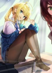 Rule 34 | 2girls, ahoge, black hair, black legwear, blonde hair, blue eyes, blue jacket, blue ribbon, commentary, earrings, fang, goomrrat, green eyes, hand up, highres, jacket, jewelry, knees up, long hair, looking at viewer, multiple girls, neck ribbon, no shoes, off shoulder, open mouth, original, pantyhose, ribbon, shirt, sidelocks, symbol-only commentary, v, white shirt