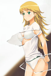 Rule 34 | 00s, 1girl, a1 (initial-g), blonde hair, bra, green eyes, hoshii miki, idolmaster, idolmaster (classic), idolmaster 1, lingerie, long hair, page tear, panties, revealing layer, solo, standing, torn clothes, underwear
