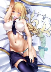 Rule 34 | 1girl, armpits, asakura kukuri, bare shoulders, black necktie, black thighhighs, blonde hair, blue eyes, blush, bow, braid, breasts, clothes lift, condom, condom in mouth, condom wrapper, covered erect nipples, fate/apocrypha, fate (series), flag, groin, hair bow, highres, jeanne d&#039;arc (fate), jeanne d&#039;arc (girl from orleans) (fate), jeanne d&#039;arc (ruler) (fate), large breasts, long hair, looking at viewer, lying, mouth hold, navel, necktie, on back, panties, panty pull, shirt, shirt lift, shorts, single braid, sleeveless, sleeveless shirt, solo, stomach, thighhighs, underwear, very long hair, white shirt