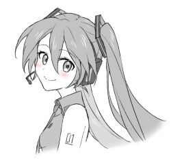 Rule 34 | 1girl, bare shoulders, blush, closed mouth, collared shirt, cropped torso, dot nose, frilled shirt, frills, from side, greyscale, hair between eyes, hatsune miku, headset, long hair, looking at viewer, microphone, monochrome, necktie, number tattoo, shirt, sidelocks, simple background, sleeveless, sleeveless shirt, smile, solo, spot color, supo01, tattoo, twintails, very long hair, vocaloid, white background
