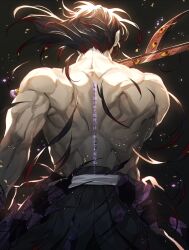 Rule 34 | 1boy, black background, black hakama, colored sclera, colored tips, commentary, cowboy shot, english commentary, extra eyes, facing away, floating hair, from behind, hair down, hakama, hand up, highres, japanese clothes, kimetsu no yaiba, kimono, kokushibou, light particles, lins sana, long hair, male focus, multicolored hair, muscular, muscular male, red eyes, severed hair, simple background, solo, streaked hair, sword, topless male, torn clothes, torn kimono, translation request, weapon, yellow sclera