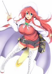 Rule 34 | 1girl, aty (summon night), belt, beret, blue eyes, book, boots, breasts, cape, capelet, cloak, cross-laced footwear, curvy, dress, hat, highres, large breasts, long hair, loose belt, moo yoshio, plump, red hair, red sweater, ribbed sweater, solo, summon night, summon night 3, sweater, sweater dress, sword, thigh boots, thighhighs, turtleneck, weapon, white footwear