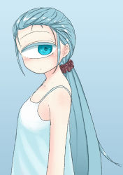 Rule 34 | 1girl, bare shoulders, blue background, blue eyes, blue hair, blush, breasts, brown scrunchie, closed mouth, commentary request, cyclops, dress, from side, hair ornament, hair scrunchie, highres, kuronyankokko, long hair, looking at viewer, looking to the side, one-eyed, original, scrunchie, small breasts, solo, sweatdrop, upper body, very long hair, white dress