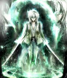 Rule 34 | 1boy, abstract background, bad id, bad pixiv id, collarbone, dual wielding, glowing, glowing eyes, green eyes, holding, konpaku youki, male focus, missile228, short hair, solo, sword, touhou, weapon, white hair, aged down