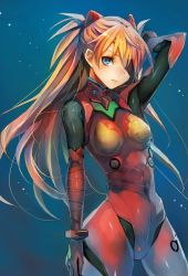 Rule 34 | 1girl, arm at side, arm behind head, arm up, blue background, blue eyes, bodysuit, bracer, breasts, brown hair, closed mouth, covered erect nipples, cowboy shot, duct tape, evangelion: 3.0 you can (not) redo, expressionless, eyepatch, from side, gloves, hair between eyes, hair ornament, headgear, highres, hip focus, legs apart, light particles, long hair, looking at viewer, medium breasts, narrow waist, neon genesis evangelion, orange hair, pilot suit, plugsuit, rebuild of evangelion, shiny clothes, simple background, skin tight, solo, souryuu asuka langley, standing, taishi (picchiridou), tape, turtleneck, two side up, very long hair