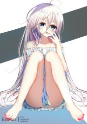 Rule 34 | 1girl, ahoge, aties20, bare legs, bare shoulders, barefoot, blue eyes, cevio, collarbone, commentary request, dress, frilled dress, frills, full body, hair between eyes, hand up, ia (vocaloid), knees up, long hair, nail polish, no panties, off-shoulder dress, off shoulder, parted lips, purple nails, sitting, solo, toenail polish, toenails, tongue, tongue out, v-shaped eyebrows, very long hair, vocaloid, white dress, white hair