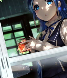 Rule 34 | 1girl, :o, alternate costume, blue eyes, blue hair, blue ribbon, blue vest, commentary request, cup, dutch angle, holding, holding cup, kantai collection, long hair, long sleeves, looking at viewer, neck ribbon, ribbon, samidare (kancolle), shirt, solo, table, very long hair, vest, white shirt, window, youmou usagi