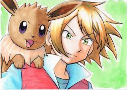 Rule 34 | 1boy, blonde hair, closed mouth, commentary request, creatures (company), eevee, floating hair, game freak, gen 1 pokemon, green eyes, highres, jacket, looking down, male focus, nintendo, oka mochi, pokemon, pokemon (anime), pokemon (creature), pokemon bw (anime), popped collar, red jacket, shirt, upper body, virgil (pokemon)
