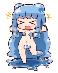 Rule 34 | &gt; &lt;, 1girl, :d, ^^^, absurdly long hair, blue hair, blush, borrowed character, cameltoe, collarbone, covered erect nipples, eyebrows, full body, groin, half slime-chan, leg up, legs apart, long hair, midriff, monster girl, naga u, navel, open mouth, original, outstretched arms, sidelocks, simple background, slime (substance), slime girl, smile, solo, standing, standing on one leg, stomach, very long hair, white background