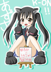 Rule 34 | 1girl, animal ears, black footwear, black gloves, black hair, black jacket, blue skirt, blush, brown eyes, cat ears, cat girl, embarrassed, gloves, green background, heart, jacket, k-on!, long hair, long sleeves, looking at viewer, marinba, nakano azusa, neck ribbon, open mouth, paw gloves, paw print, paw shoes, red ribbon, ribbon, school uniform, shirt, shoes, sign, sitting, skirt, teeth, twintails, white shirt