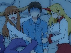 Rule 34 | 1boy, 2girls, :&gt;, arm grab, bed, bedroom, blonde hair, breasts, brown hair, commentary request, cuddling, faceless, faceless male, fangs, gourd, hand on another&#039;s cheek, hand on another&#039;s face, horns, hoshiguma yuugi, hug, ibuki suika, large breasts, long hair, long sleeves, lying, multiple girls, on back, on side, open mouth, pajamas, pillow, pointy ears, shaded face, shirosato, single horn, sleeping, touhou
