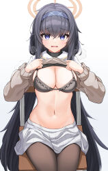 Rule 34 | 1girl, absurdres, bad link, black bra, black hair, blue archive, blue eyes, bra, breasts, breath, brown pantyhose, brown sweater, chair, cleavage, clothes lift, groin, hairband, halo, highres, lifted by self, light blush, long hair, looking at viewer, medium breasts, navel, open mouth, pantyhose, pipipipyu, raised eyebrows, shirt lift, simple background, sitting, skirt, solo, sweater, sweater lift, turtleneck, ui (blue archive), underwear, white background, white skirt