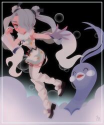 Rule 34 | 1girl, altaria, bare shoulders, black background, border, bright pupils, bubble, closed mouth, cloud, creatures (company), detached sleeves, double bun, dress, flying miku (project voltage), full body, fur collar, game freak, gen 3 pokemon, gradient hair, grey eyes, grey hair, hair bun, hair over one eye, hatsune miku, highres, kneehighs, long hair, long sleeves, looking at viewer, loose socks, multicolored hair, nintendo, no lineart, one eye covered, outside border, poke ball, pokemon, pokemon (creature), pom pom (clothes), project voltage, sandals, see-through, see-through sleeves, short dress, sleeveless, sleeveless dress, socks, solo, tassel, twintails, very long hair, vocaloid, waist poke ball, white border, white hair, white pupils, white socks, yorita genyu