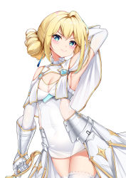 Rule 34 | 1girl, absurdres, arm behind head, armpits, azur lane, bad id, bad pixiv id, bare shoulders, blonde hair, blue eyes, blue ribbon, blush, breasts, catnnn, cleavage, commentary request, dress, hair between eyes, hair bun, highres, holding, jeanne d&#039;arc (azur lane), large breasts, long hair, looking at viewer, ribbon, see-through, short hair, simple background, single hair bun, sleeveless, sleeveless dress, solo, thighhighs, weapon, white background, white dress