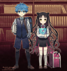Rule 34 | 1boy, 1girl, aged down, backpack, bag, black dress, black hair, black thighhighs, blue hair, blue shorts, blue vest, book, bow, bowtie, breasts, collared shirt, double bun, dress, dress shirt, facial mark, fate/extra, fate/extra ccc, fate/grand order, fate (series), forehead mark, full body, hair bun, hans christian andersen (fate), loafers, long hair, long sleeves, meiji ken, multicolored hair, parted bangs, pink hair, sessyoin kiara, sessyoin kiara (lily), shirt, shoes, short hair, shorts, small breasts, streaked hair, striped clothes, striped shirt, thighhighs, vertical-striped clothes, vertical-striped shirt, very long hair, vest, wavy hair, white shirt, white thighhighs, yellow eyes