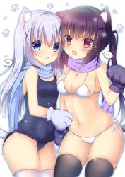 Rule 34 | 2girls, :d, animal ears, animal hands, bikini, black legwear, blue eyes, blue one-piece swimsuit, blue scarf, blush, breasts, cat ears, cat girl, cat tail, chestnut mouth, cleavage, commentary request, fang, gloves, gochuumon wa usagi desu ka?, hair between eyes, hair ornament, hairclip, hand up, heart, kafuu chino, long hair, looking at viewer, medium breasts, multiple girls, navel, old school swimsuit, one-piece swimsuit, open mouth, parted lips, paw gloves, paw print, paw print background, purple hair, purple scarf, red eyes, scarf, school swimsuit, shibainu niki, side-tie bikini bottom, simple background, small breasts, smile, spoken blush, spoken heart, swimsuit, tail, tedeza rize, thighhighs, twintails, very long hair, white background, white bikini, white legwear, x hair ornament