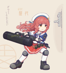Rule 34 | 1girl, battering ram, belt, blush, boots, brown background, commentary request, door, full body, gun, highres, kantai collection, knee pads, long hair, nakaaki masashi, pout, red hair, school uniform, simple background, solo, submachine gun, weapon, yashiro (kancolle), yellow eyes