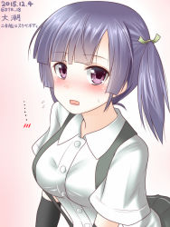 Rule 34 | 10s, 1girl, alternate breast size, arm warmers, blouse, blush, breasts, hair ribbon, hanazome dotera, kantai collection, medium breasts, no headwear, no headwear, ooshio (kancolle), open mouth, purple hair, ribbon, shirt, short hair, short twintails, skirt, solo, suspenders, twintails, wavy mouth, white shirt