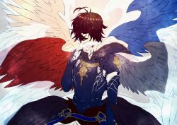 Rule 34 | 1boy, ahoge, armor, bad id, bad pixiv id, black wings, blue wings, brown hair, covered mouth, cuirass, closed eyes, feathered wings, feathers, gauntlets, granblue fantasy, hand up, highres, holding, holding feather, kawasemi sumika, male focus, multicolored wings, multiple wings, orange wings, pauldrons, red wings, sandalphon (granblue fantasy), short hair, shoulder armor, solo, standing, white wings, wings