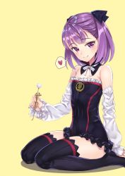 Rule 34 | 1girl, black thighhighs, blush, detached sleeves, fate/grand order, fate (series), heart, helena blavatsky (fate), highres, looking at viewer, matsuryuu, purple eyes, purple hair, seiza, simple background, sitting, smile, solo, spoken heart, teeth, thighhighs, yellow background