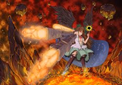 Rule 34 | 1girl, alternate weapon, arm cannon, black thighhighs, breasts, brown hair, cape, cleavage, embrace (bacchi), female focus, fireball, frills, glowing, glowing eyes, grin, long hair, lava, radiation symbol, red eyes, reiuji utsuho, rock, smile, solo, thighhighs, torn clothes, torn thighhighs, touhou, weapon, wings