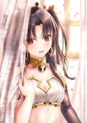 Rule 34 | 1girl, :d, backlighting, bare shoulders, black hair, black ribbon, black sleeves, blurry, blurry background, blush, breasts, cleavage, cleavage cutout, clothing cutout, collarbone, commentary request, crop top, curtains, day, depth of field, detached sleeves, earrings, fate/grand order, fate (series), glint, hair between eyes, hair ribbon, hand up, highres, hoop earrings, ishtar (fate), jewelry, long hair, looking at viewer, open mouth, parted bangs, petals, red eyes, ribbon, single detached sleeve, small breasts, smile, solo, sunlight, toshi (1-147), transparent, upper body, window