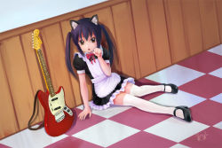 Rule 34 | 1girl, alternate costume, animal ears, apron, bad id, bad pixiv id, black hair, bow, cat ears, electric guitar, enmaided, fender (company), fender mustang, guitar, instrument, jackiexp, k-on!, maid, maid apron, mary janes, mustang, mustang (guitar), nakano azusa, shoes, sitting, solo, thighhighs, twintails, white thighhighs, wudi de pangxie, zettai ryouiki
