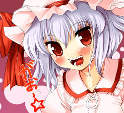 Rule 34 | 1girl, fangs, female focus, gao, gradient background, hat, red eyes, remilia scarlet, smile, solo, tilm, touhou, upper body